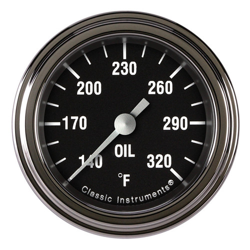 Classic Instruments HR128SLF Oil Temperature Gauge, Hot Rod, 140-320 Degree F, Electric, Analog, Full Sweep, 1/8 in NPT Thread Sender, 2-1/8 in Diameter, Low Step Stainless Bezel, Flat Lens, Black Face, Each