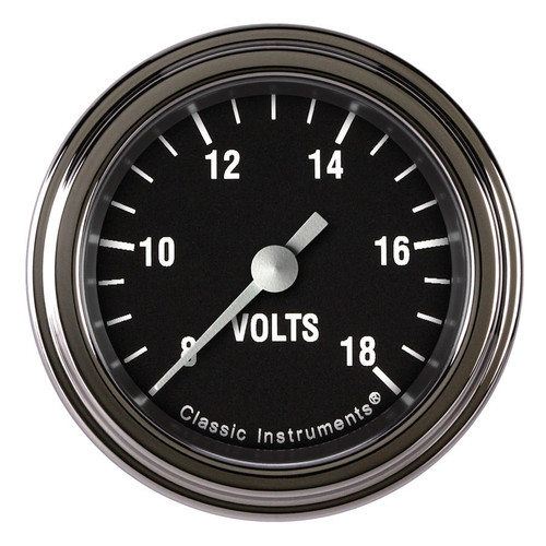 Classic Instruments HR130SLF Voltmeter, Hot Rod, 8-18 Volts, Electric, Analog, Full Sweep, 2-1/8 in Diameter, Low Step Stainless Bezel, Flat Lens, Black Face, Each