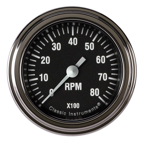 Classic Instruments HR183SLF Tachometer, Hot Rod, 8000 RPM, Electric, Analog, 2-1/8 in Diameter, Dash Mount, Low Step Stainless Bezel, Flat Lens, Black Face, Each