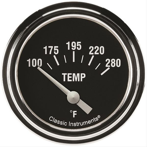 Classic Instruments HR226SLF-04 Water Temperature Gauge, Hot Rod, 100-280 Degrees F, Electric, Analog, Short Sweep, 2-5/8 in Diameter, 1/4 in NPT Thread Sender, Low Step Stainless Bezel, Flat Lens, Black Face, Each