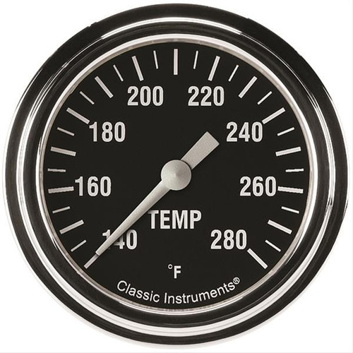 Classic Instruments HR326SLF-02 Water Temperature Gauge, Hot Rod, 140-280 Degrees F, Electric, Analog, Full Sweep, 2-5/8 in Diameter, 1/8 in NPT Sender Thread, Low Step Stainless Bezel, Flat Lens, Black Face, Each