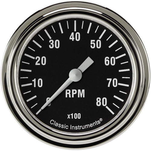 Classic Instruments HR383SLF Tachometer, Hot Rod, 8000 RPM, Electric, Analog, 2-5/8 in Diameter, Dash Mount, Low Step Stainless Bezel, Flat Lens, Black Face, Each