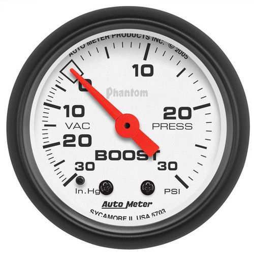 AutoMeter 5703 2-1/16 in. Boost/Vacuum Gauge, 30 In HG/30 PSI, Mechanical, Phantom, White