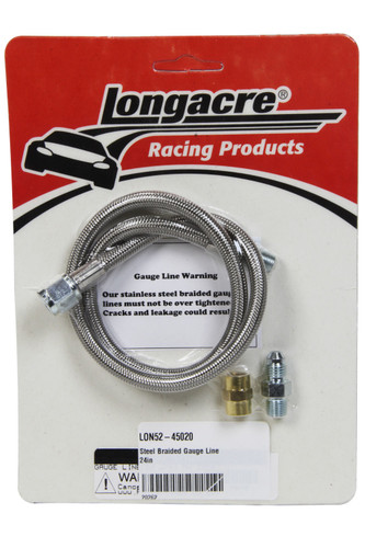 Longacre 52-45020 Gauge Line Kit, 4 AN, 24 in Long, 4 AN Female to 1/8 in NPT Male, Fittings Included, PTFE, Braided Stainless, Mechanical Pressure Gauges, Kit