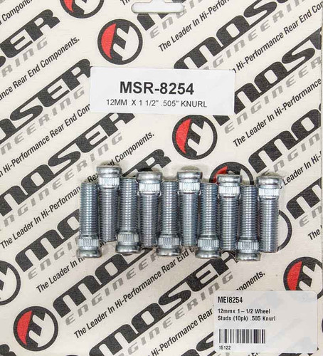 Moser Engineering 8254 Wheel Stud, 12 mm Thread, 1.500 in Long, 0.505 Knurl, Steel, Set of 10