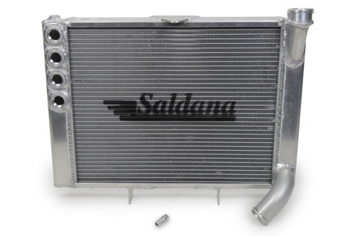 Saldana SRS15CFDM-SP-KIT Radiator, Cross Flow, 20.625 in W x 16 in H x 1.750 in D, Quad 10 AN Driver Side Inlets, Center Outlet, Brackets / Hardware / Overflow Can / WP Housing Included, Aluminum, Natural, Sprint Car, Kit