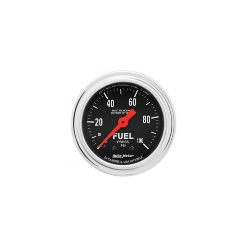 AutoMeter 2412 2-1/16 in. Fuel Pressure Gauge, 0-100 PSI, Mechanical, Traditional Chrome, Black
