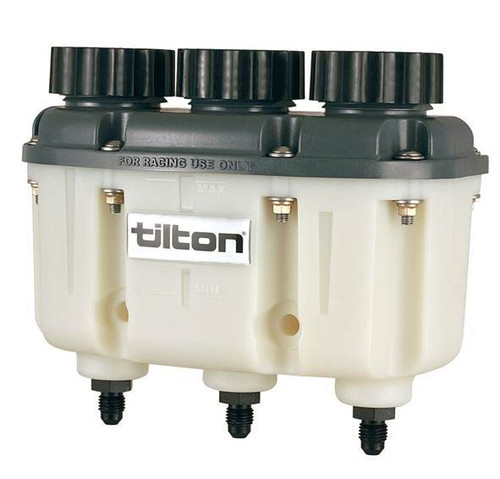 Tilton 72-577 Master Cylinder Reservoir, 3-Chamber, 6.3 / 9.8 / 4.0 oz, 6 in Tall x 7-1/4 in Wide x 3-1/4 in Deep, 4 AN Male Outlets, Plastic, Black, Each