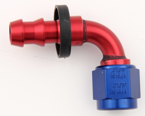 XRP-Xtreme Racing Prod. 239004 Fitting, Hose End, Push-On, 90 Degree, 4 AN Hose Barb to 4 AN Female, Aluminum, Blue / Red Anodized, Each