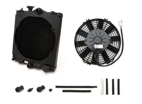 CSF Cooling 2858XB Radiator, 13-3/4 in W x 13-5/8 in H x 1-5/8 in D, Single Pass, Top Center Inlet, Bottom Center Outlet, Fan Included, Aluminum, Black Powder Coat, Universal, Kit