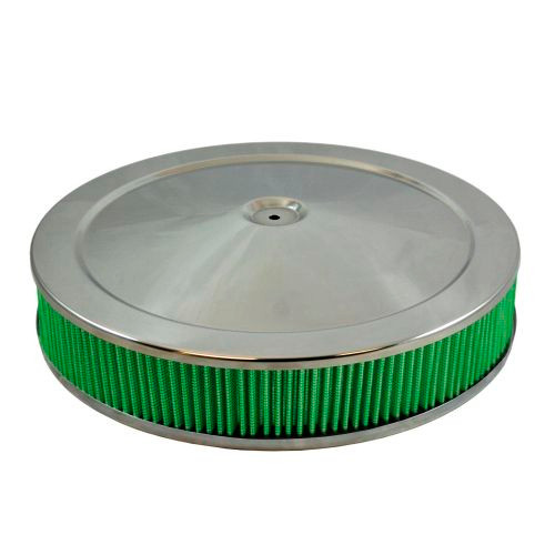 Green Filter 2194 Air Cleaner Assembly, 14 in Round, 4-5/8 in Tall, 5-1/8 in Carb Flange, Flat Base, Steel, Chrome, Kit