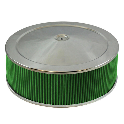 Green Filter 2345 Air Cleaner Assembly, 14 in Round, 6 in Tall, 5-1/8 in Carb Flange, Drop Base, Steel, Chrome, Kit