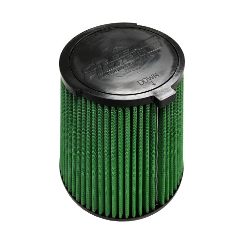 Green Filter 7363 Air Filter Element, Clamp-On, Conical, 7.25 in Base Diameter, 5.15 in Top Diameter, 8.03 in Tall, 5.6 in Flange, Reusable Cotton, Green, Shelby GT500 / Bullitt / Mach 1, Ford Mustang 2015-22, Each