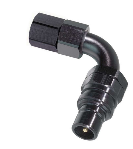 Jiffy-Tite 32308E Fitting, Quick Disconnect, 3000 Series, 90 Degree, 8 AN Female to Valve Male Quick Disconnect, Aluminum, Black Anodized, Each