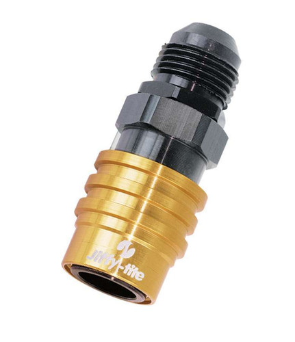 Jiffy-Tite 51408 Quick Release Adapter, 5000 Series, Straight, 8 AN Male to Quick Release Socket, Valved, FKM Seal, Aluminum, Black / Gold Anodized, Each