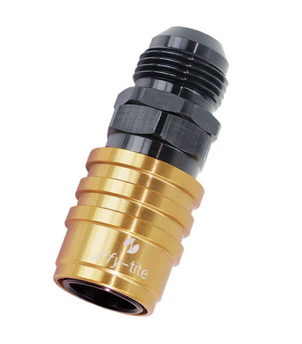 Jiffy-Tite 51410 Quick Release Adapter, 5000 Series, Straight, 10 AN Male to Quick Release Socket, Valved, FKM Seal, Aluminum, Black / Gold Anodized, Each