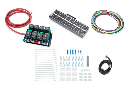 Auto Rod Controls 8004R Switch Panel, Model 8004, Overhead Mount, 8-3/4 x 2-3/8 in, 8 Flat Switches, Fused, Indicator Lights, Relay Board / Wiring Included, Carbon Fiber, Kit