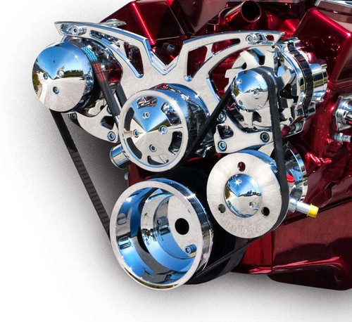 March Performance 21150 Pulley Kit, Style Track, 6-Rib Serpentine, Aluminum, Clear Powder Coat, Short Water Pump, Small Block Chevy, Kit