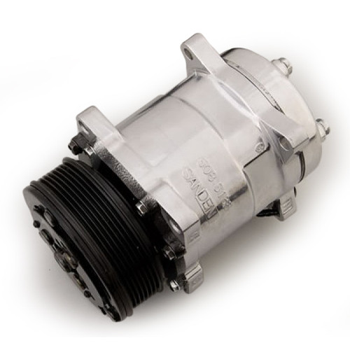 March Performance P413 Air Conditioning Compressor, Sanden 508, Serpentine Pulley Included, Chrome, Universal, Each