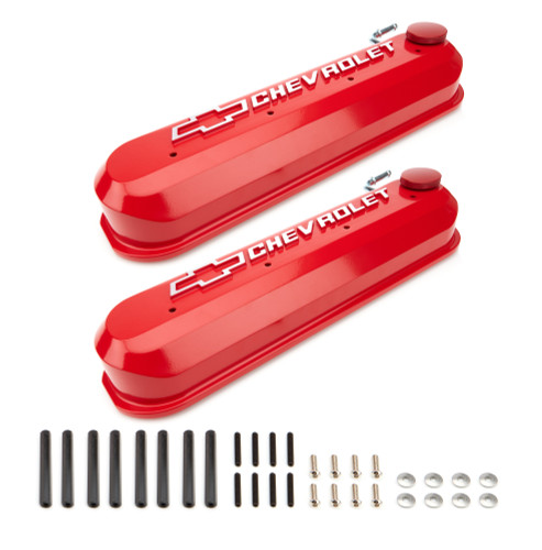 Proform 141-267 Valve Cover, LS Slant-Edge, Tall, Baffled, PCV Tube, Raised Chevrolet Bowtie Logo, Hardware Included, Aluminum, Red Paint, GM LS-Series, Pair