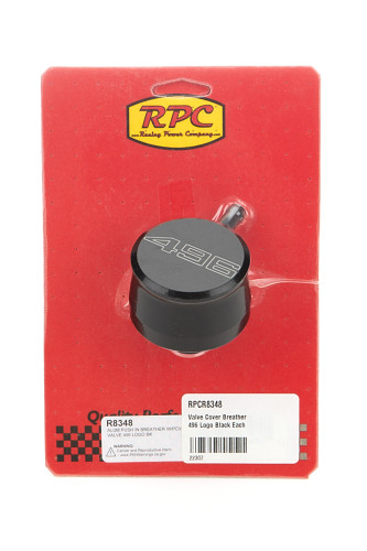 Racing Power Co-Packaged R8348 Breather, Push-In, Round, 1-1/4 in Hole, PCV Valve, 496 Script Logo, Aluminum, Black Powder Coat, Each