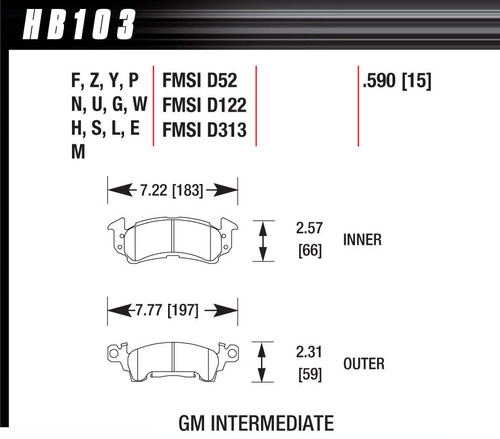 Hawk Brake HB103M.590 Brake Pads, Black Compound, Low-Intermediate Torque, Low Temperature, GM Fullsize Caliper, Set of 4