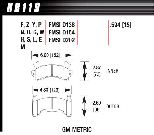 Hawk Brake HB119W.594 Brake Pads, DTC-30 Compound, Wide Temperature Range, GM Metric Caliper, Set of 4