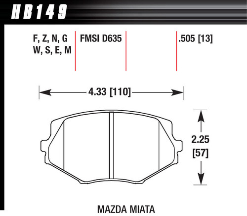 Hawk Brake HB149G.505 Brake Pads, DTC-60 Compound, High Torque, High Temperature, Mazda Miata 1994-2005, Set of 4