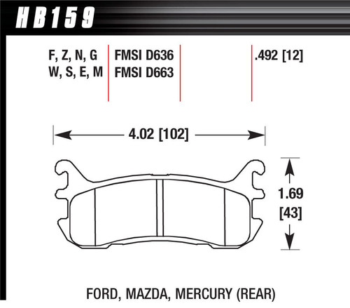 Hawk Brake HB159E.492 Brake Pads, Blue 9012 Compound, Low-Intermediate Torque, Low-Mid Temperature, Rear, Mazda / Mercury / Ford / Chevrolet 1994-2005, Set of 4