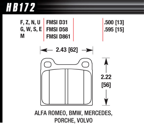 Hawk Brake HB172E.595 Brake Pads, Blue 9012 Compound, Intermediate Torque, Low Temperature, Front / Rear, Alfa Romeo / Porsche / Saab / Volvo 1964-2000, Set of 4