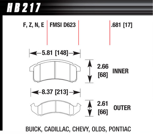 Hawk Brake HB217F.681 Brake Pads, HPS Compound, High Torque, Front, GM 1994-99, Set of 4