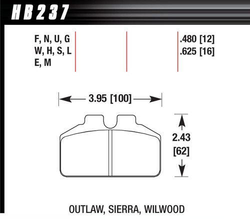 Hawk Brake HB237M.625 Brake Pads, Black Compound, Low-Intermediate Torque, Low Temperature, Dynalite Bridge Bolt Style Caliper, Set of 4