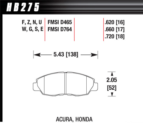 Hawk Brake HB275F.620 Brake Pads, HPS Compound, High Torque, Front, Acura / Honda 1990-2014, Set of 4