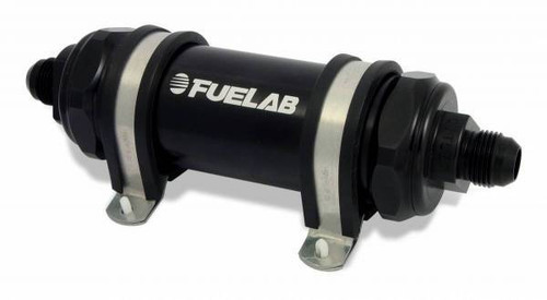 Fuelab Fuel Systems 82812-1 Fuel Filter, In-Line, 40 Micron, 5 in Stainless Element, 8 AN Male Inlet, 8 AN Male Outlet, Aluminum, Black Anodized, Each