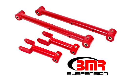 BMR Suspension RSK011R Trailing Arm, Tubular, Upper / Lower, Polyurethane Bushings, Steel, Red Powder Coat, GM A-Body 1964-72, Kit