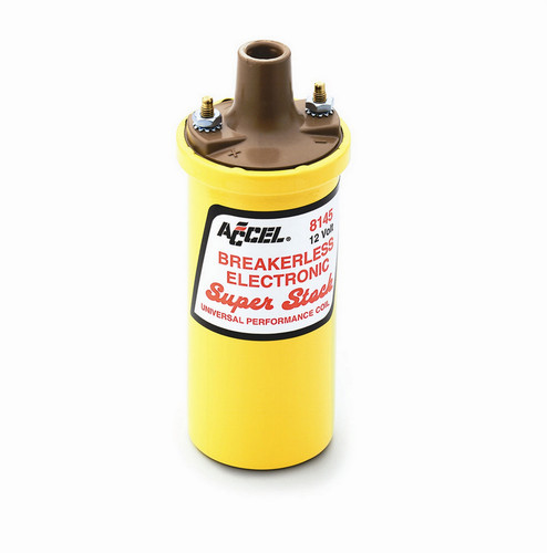 Accel 8145ACC Ignition Coil, Super Stock, Canister, Oil Filled, 0.700 ohm, Female Socket, 45000V, Yellow, Each