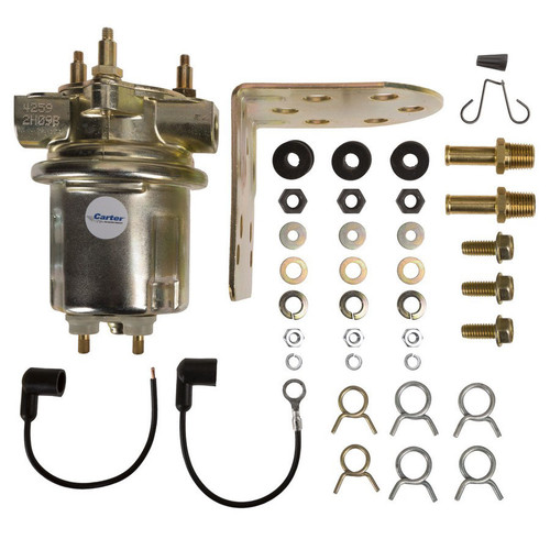 Carter P4259 Fuel Pump, Electric, In-Line, 25 gph, 6-8 psi, 3/8 in. Hose Barb Inlet / Outlet, Fittings / Hardware / Mounting Bracket, 6 Volt, Gas, Each