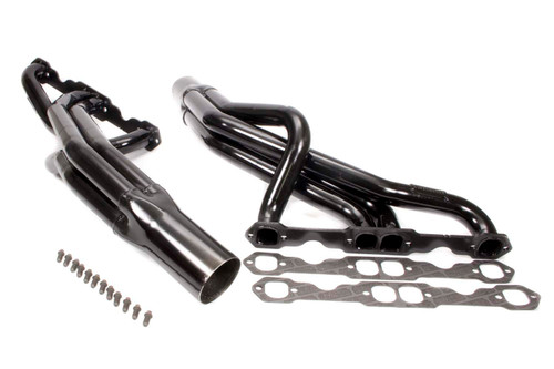 Schoenfeld 122 Headers, Street Stock, 1.75 in. Primary, 3.5 in. Collector, Steel, Black Paint, Stock Clip, Small Block Chevy, Pair