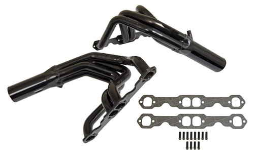 Schoenfeld 1346 Headers, 1.75 in. Primary, 3.5 in. Collector, Fender Well Exit, Steel, Black Paint, Small Block Chevy, Pair