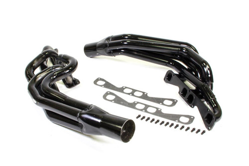 Schoenfeld 136VSP Headers, Conventional Crossover, 1.75 to 1.875 in. Primary, 3.5 in. Collector, Spread Port, Steel, Black Paint, Small Block Chevy, Pair