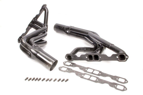 Schoenfeld 142-525LV Headers, Dirt Late Model, 1.75 to 1.875 in. Primary, 3.5 in. Collector, Steel, Black Paint, Small Block Chevy, Pair