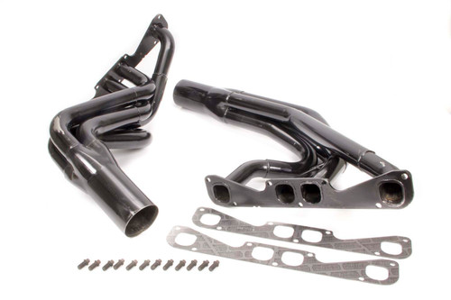 Schoenfeld 142-525LVSP Headers, Dirt Late Model, 1.75 to 1.875 in. Primary, 3.5 in. Collector, Steel, Black Paint, Small Block Chevy, Pair