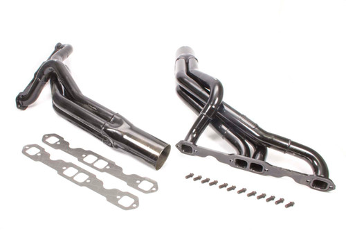 Schoenfeld 155V Headers, Street Stock, 1.625 to 1.75 in. Primary, 3.5 in. Collector, Steel, Black Paint, Stock Clip, Small Block Chevy, Pair