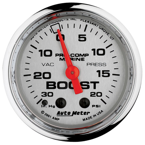 Autometer 200774-35 Boost / Vacuum Gauge, Pro-Comp Marine, 30 in. HG-20 psi, Mechanical, Analog, 2-1/16 in. Diameter, White Face, Each