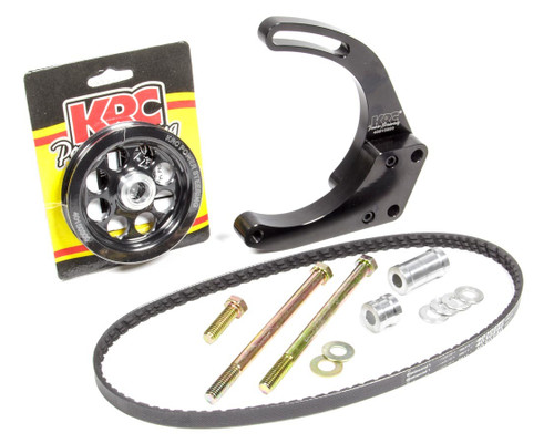 KRC Power Steering KIT 16315000 Alternator Bracket, Passenger Side, Mid Mount, Water Pump Mount, 2 Piece, Belt / Pulley Included, Aluminum, Black Anodized, Short Water Pump, Denso Alternator, Small Block Chevy, Kit