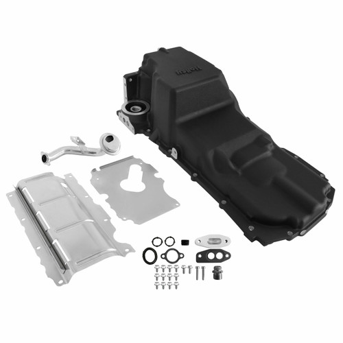 Weiand 302-24BK Engine Oil Pan Kit, Rear Sump, 5.6 qt, Baffle / Cover / Hardware / Pickup, Aluminum, Black Powdercoated, GM GenV LT-Series, Kit