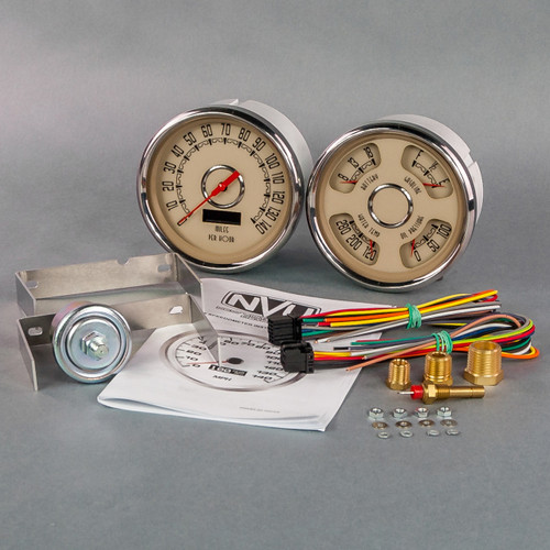New Vintage USA 37205-02 Gauge Kit, Woodward, Analog, Fuel Level / Oil Pressure / Speedometer / Voltmeter / Water Temperature, 4-3/8 in. Diameter, Beige Face, Kit