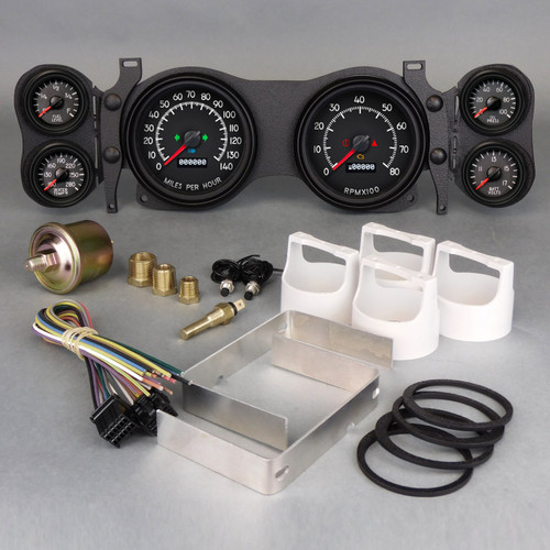 New Vintage USA 44670-01 Gauge Kit, Analog, Aviator, Fuel Level / Oil Pressure / Water Temperature / Voltmeter / Tachometer / Speedometer, Black Face, GM F-Body 1970-78, Kit