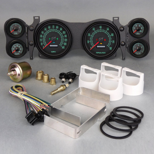 New Vintage USA 69670-01 Gauge Kit, 69 Series, Analog, Fuel Level / Oil Pressure / Water Temperature / Voltmeter / Tachometer / Speedometer, Black Face, GM F-Body 1970-78, Kit