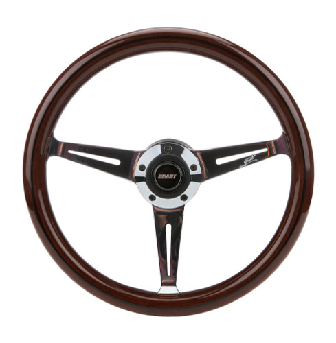 Grant 1174 Classic Steering Wheel, 14.5 in. Diameter, 1.5 in Dish, 3-Spoke, Mahogany, Wood Grip, Aluminum, Polished, Each